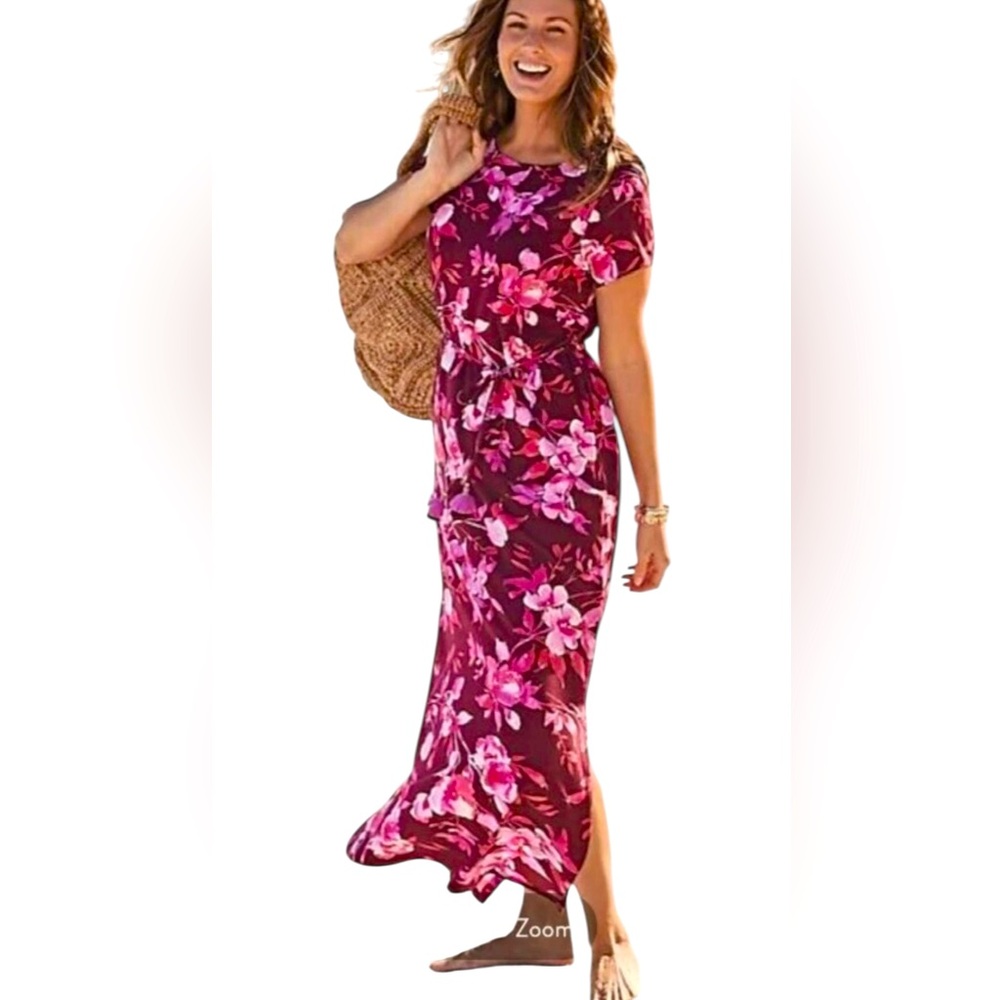 J. Jill Women's Cranberry-Red Multi Watercolor-Floral Stretch Knit Maxi Dress XS